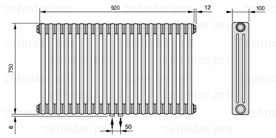 Схема (чертеж) Радиатор Zehnder Charleston 3075/20 №3470 Белый глянцевый RAL 9016